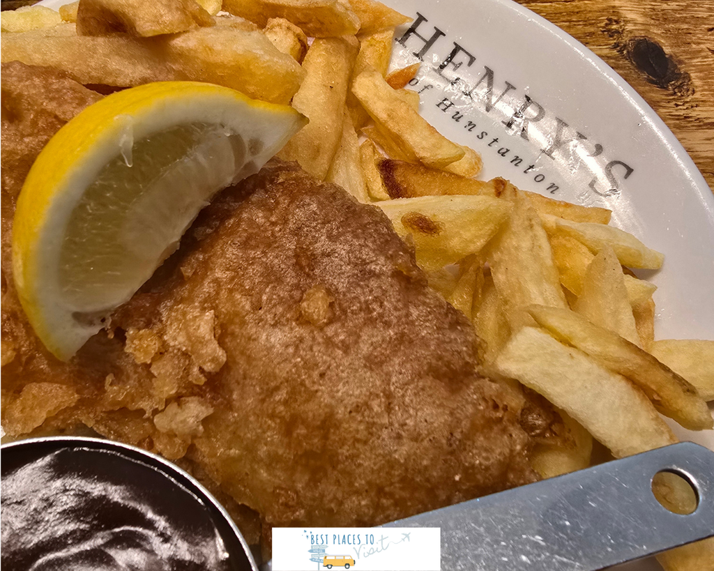 Plate of fish and chips served at Henry's of Hunstanton in Norfolk